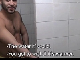 Two hot amateur young latino jocks paid cash by stranger to fuck in gym shower