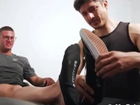 Tall hunk with glasses foot worshipped by deviant homosexual