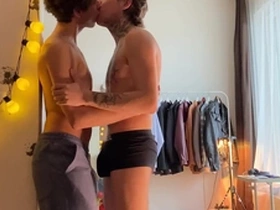 Two twinkies fuck deeply against the wall and cum profusely