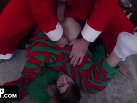 Dadcreep - cute boy in elf onesie gets his tight asshole stretched by his stepdad in santa costume