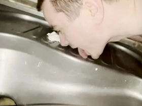 Gay boy licking public beach toilet