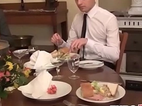 Twink waiter sucks and rides dick after the dinner service
