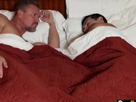 Gay step son sharing motel bed with horny step dad