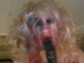 Sissy sarah, craving a big, black cock, tries out an 8 inch dildo, wanks her clitty, has a fag -'a fag for a fag' mistress said, ordering her -'it  makes you look like the street corner whore you are, freely available any guy who wants you&