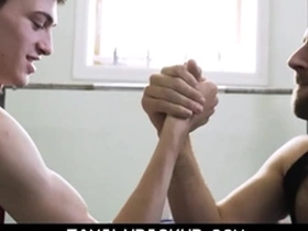 Twink step son fucked on workout bench by step dad after an arm wrestling bet