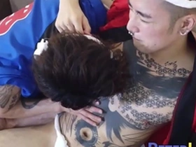 Tattooed oriental jocks ass drilling after sloppy deepthroat