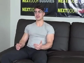 Muscled solo stud with glasses wanks and cums on the casting