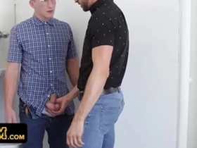 Nerdy boy with big cock gets surprised in the toilets by teacher and lets him suck his cock